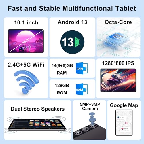 2024 Newest Tablet 10 Inch Android 13, 14GB RAM+128GB ROM (TF 1TB), Octa Core 2.0 GHz, 5G+2.4G WiFi | FHD IPS | 8000mAh | Bluetooth 5.0 | 5MP+8MP | GPS | Widgets| Tablet with Keyboard & Mouse - Grey