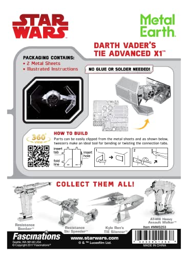 Metal Earth Fascinations Star Wars Darth Vader's TIE Fighter Advanced X1 3D Metal Model Kit Bundle with Tweezers