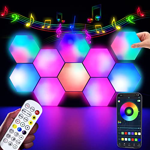 Hexagon Lights LED Light Panels,Smart RGB LED Wall Lights App & Remote Control Gaming Lights Music Sync Hexagon Light Panels DIY Geometry Ambience Lighting for Gaming Room Bedroom Streaming,10 Panels