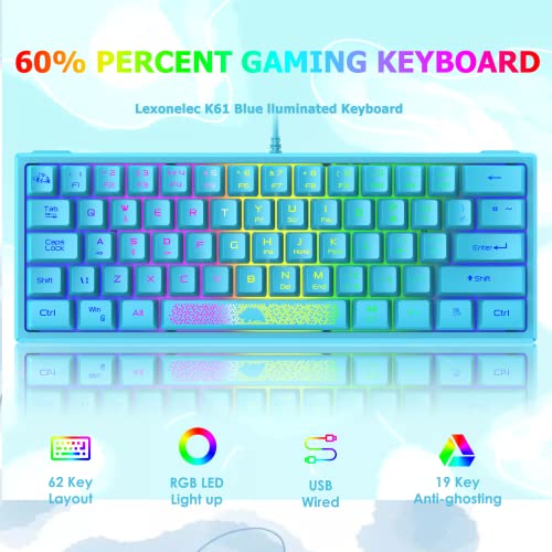 LexonElec K61 60% Percent Compact Gaming Keyboard blue keycaps UK Layout, RGB Illuminated LED Backlit Light up Wired Keyboard Mechanical Feel Ergonomic Shortcut for PC Laptop MAC ps4 Gamer Travel