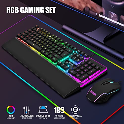 RedThunder K10 Wired Gaming Keyboard and Mouse Combo, UK Layout, True RGB Backlight, Soft Leather Wrist Rest, Mechanical Feel Ergonomic Anti-Ghosting Keyboard + 7D 7200 DPI Mouse for PC, Mac (Black)