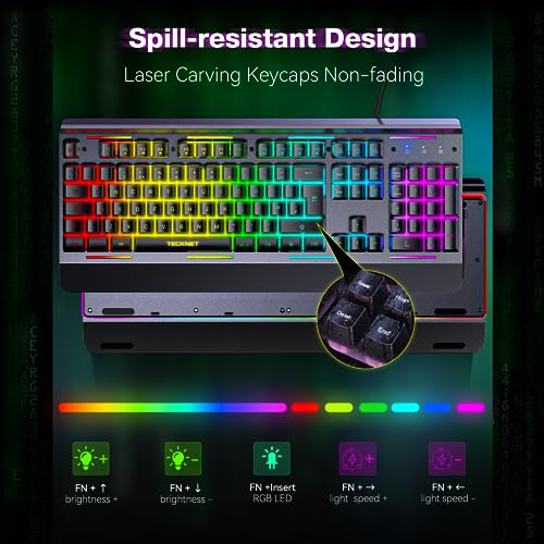 TECKNET RGB Gaming Keyboard, 105 Keys, All-Metal Panel, 15-Zone RGB Illumination, Backlit Quiet Computer Keyboard, Wrist Rest, 25 Anti-ghosting Keys, IP32 Water & Dust Resistant USB Wired Keyboard