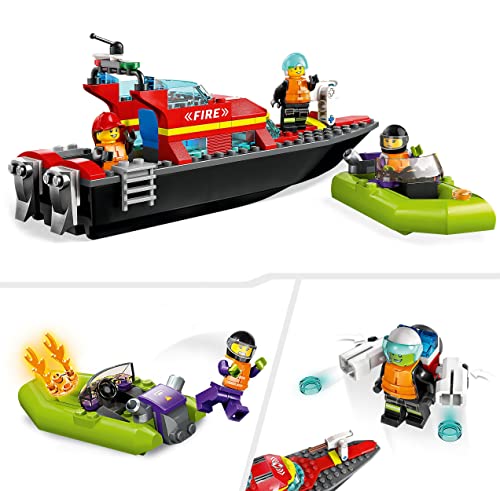 LEGO 60373 City Fire Rescue Boat Toy, Floats on Water, with Jetpack, Dinghy and 3 Minifigures, Everyday Hero Toys for Boys and Girls Aged 5+, Gift Idea