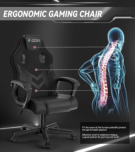 bigzzia Gaming Chair Ergonomic Office Chair - PU Leather Computer Chair With Headrest, Adjustable Height Office Armchair 360°Swivel For PC Office Gamer (Black)