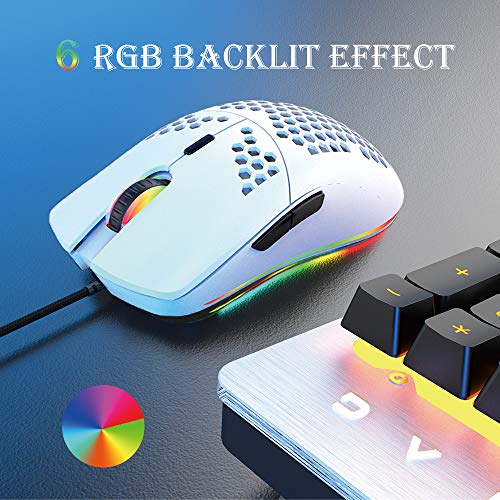 Wired Gaming Mouse, 6 RGB Lighting 6400 DPI Programmable USB Gaming Mice with 6 buttons, Honeycomb Shell Ergonomic Design for PC Gamers and Xbox and PS4 Users -White