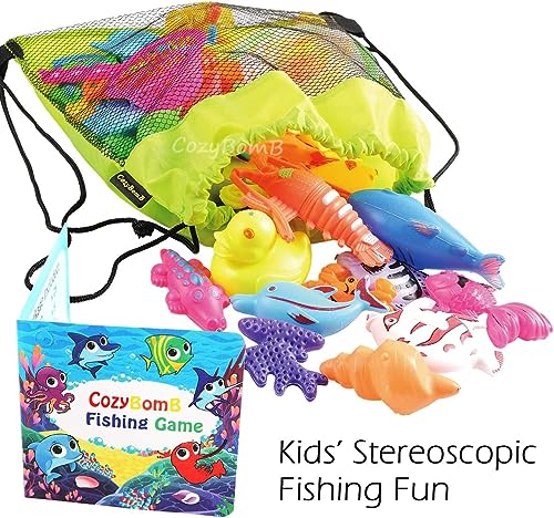 CozyBomB Magnetic Fishing Toys Game Set for Kids for Bath Time Pool Party with Pole Rod Net, Plastic Floating Fish - Toddler Education Teaching Christmas Birthday Gifts for Kids Ocean Sea Animals