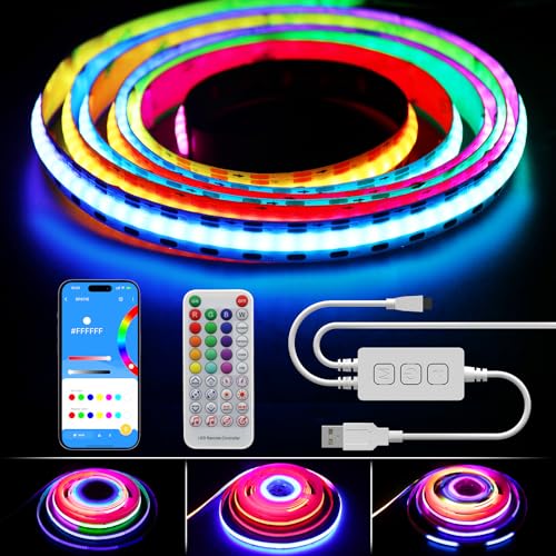 PAUTIX USB RGB Smart IC COB LED Strip 2m, 5V 360LEDs Colour-Changing Pixel Addressable RGB LED Tape Lights, Music Sync APP Control for TV Cabinet Mirror Bedroom Kitchen DIY Lighting