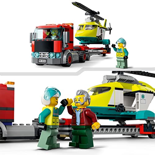 LEGO City Rescue Helicopter Transport 60343 Building Kit for Children Aged 5 and Up, Featuring a Toy Lorry with a Helicopter Trailer, Plus Driver and Pilot Minifigures (215 Pieces)