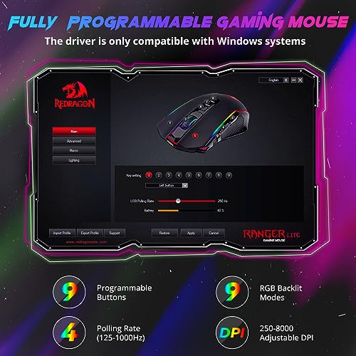 Redragon Gaming Mouse, Wireless Gaming Mouse with 9 Programmable Buttons, RGB Backlit, Rechargeable Wireless Mouse UP to 8000 DPI, Macro Edit, 70Hrs for Laptop, PC, Mac Gamer, Black M910-KS