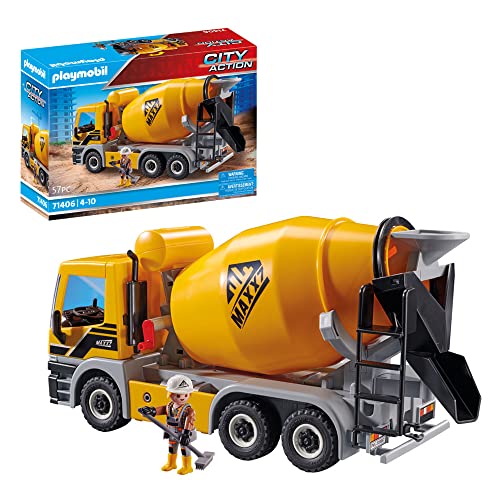 Playmobil 71406 Concrete Mixer, RC capable vehicle with trailer hitch and rotatable mixing drum, Fun Imaginative Role-Play, PlaySets Suitable for Ages 4+