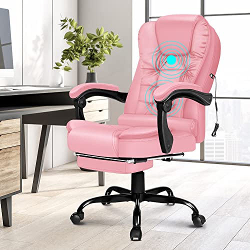 ELFORDSON Pink Office Chair for Home Office, Massage Office Chair with Footrest, Pink Gaming Desk Chair, Comfy PU leather Chair for Adults (Pink)