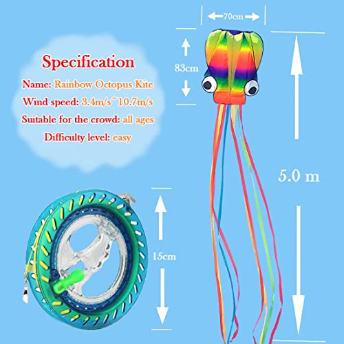 9KM DWLIFE Octopus Kite with Kite Reel Winder for Children and Adults, 5M Large Rainbow Kids Kite,Flying Toys with Long Colorful Tail for Outdoor Beach Trip