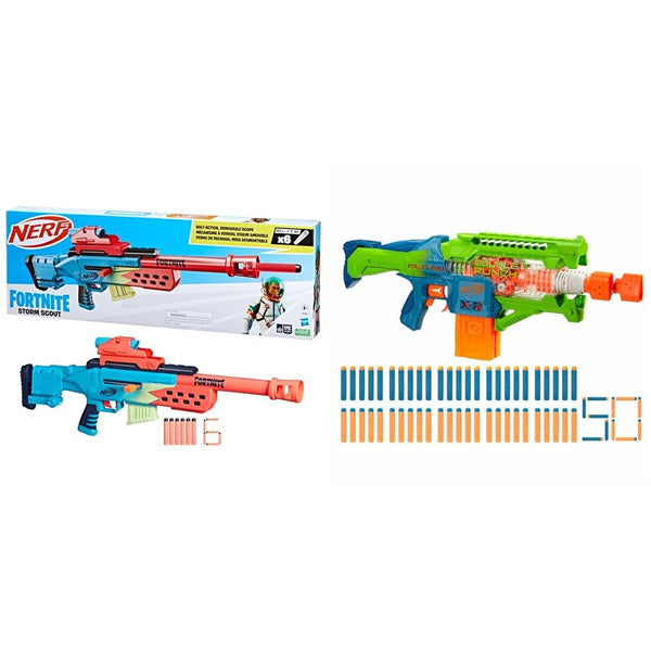 Nerf Fortnite Storm Scout Blaster, Nerf Scope, 6-Dart Clip, 6 Elite Nerf Darts, Bolt Action & Elite 2.0 Double Punch Motorised Dart Blaster