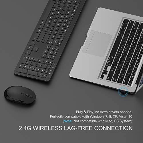 Wireless Keyboard & Mouse Sets - Slim Thin Wireless Keyboards and Mouse Combo Full Size Keyboard with Numeric Keypad Adjustable DPI Wireless Mouse - Black