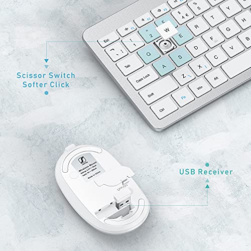 Wireless Rechargeable Keyboard and Mouse Set, Seenda Full Size Thin Wireless Keyboard and Mouse with Numeric Keypad, Computer keyboard mouse combos for Laptop/PC/Windows, Silver & White