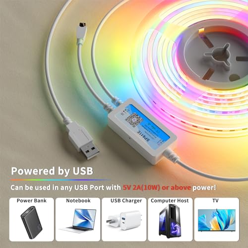 PAUTIX USB RGB Smart IC COB LED Strip 2m, 5V 360LEDs Colour-Changing Pixel Addressable RGB LED Tape Lights, Music Sync APP Control for TV Cabinet Mirror Bedroom Kitchen DIY Lighting