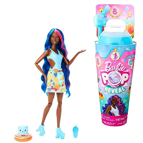 Barbie Pop Reveal Fruit Series Doll, Fruit Punch Theme with 8 Surprises Including Pet & Accessories, Slime, Scent & Color Change, HNW42