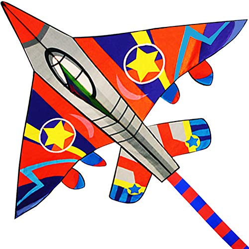 HUGE Fighter Plane Kite for Kids and Adults- 58"Wide with long tail- Easy Flyer - Kit Line and Swivel Included- Good for beach kite for children