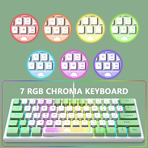 LexonElec K61 Pro - UK Layout Gaming Keyboard 60 percent Mini RGB Illuminated LED Light up - White and Green Mixed key colour caps colorful - USB Mechanical Feel Aesthetic for PC Laptop MAC ps4