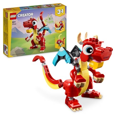 LEGO Creator 3in1 Red Dragon Toy to Fish Figure to Phoenix Bird Model, Animal Figures Set, Gifts for 6 Plus Year Old Boys, Girls and Kids 31145