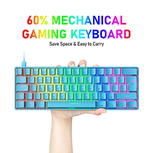 T60 UK Layout 60% Mechanical Keyboard and Mouse Set, Compact 62 Keys Mini Wired Gaming Keyboard 19 Rainbow Backlit + 6400DPI RGB Ultra-Light PC Gaming Mice + Mouse Pad For Laptop/MAC-Blue/Red Switch