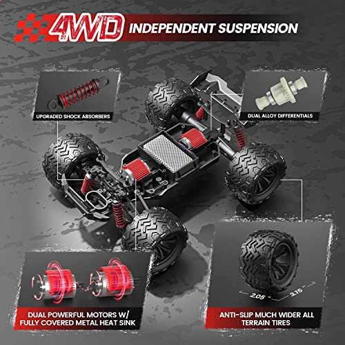 DEERC High Speed Remote Control Cars 25 MPH, 1:16 Scale RC Monster Truck, 4WD All Terrain Off-Road Racing Hobby Car with Lights, 2 Battery for 40 Mins Running, Toy Gift for Adults, Kids