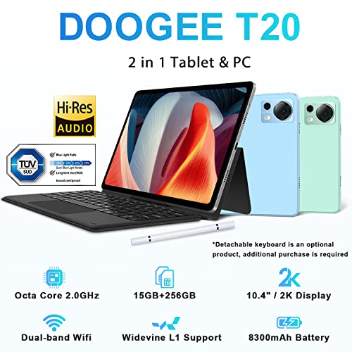 DOOGEE T20 Tablet 10.4 inch, 15GB (8+7GB) RAM+256GB ROM/1TB, 2000×1200 FHD+ 2K Display, Octa-Core, 8300mAh, Android 12 Tablet 4G LTE Dual SIM Tablets, TÜV Certified, Widevine L1, 16MP+8MP, WiFi,Type C