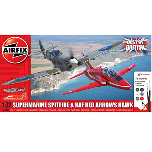 Airfix Best of British: Supermarine Spitfire & RAF Red Arrows Hawk Model Aircraft Gift Set, 1:72 Scale Plastic Model Aircraft/Plane Kits, Includes: 6x Humbrol Acrylic Paints, 2x Brushes & Poly Cement