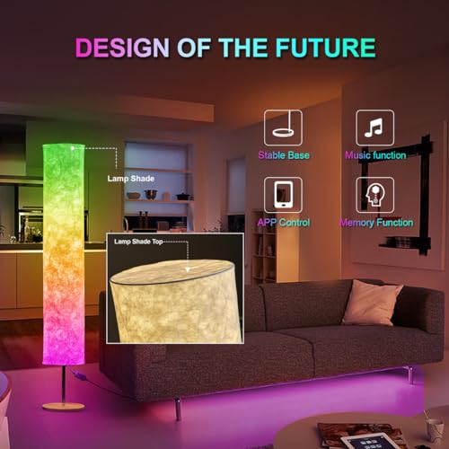 BASRAE Smart Floor Lamp for Living Room,RGB Standing Light with Soft Shade,LED Bedroom Standard Lamps,APP Voice Control,Music Sync,Works with Alexa Google Assistant,60in Colour Change Corner Lights
