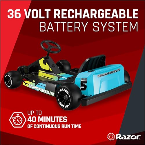 Razor Ground Force Elite - Electric Go Kart for Kids 13+ with Forward & Reverse Drive, Up to 14 mph Max Speed, 40 Minute Ride Time, 9 Mile Range, 350W Ride On with 36V 5Ah Battery - Black & Blue