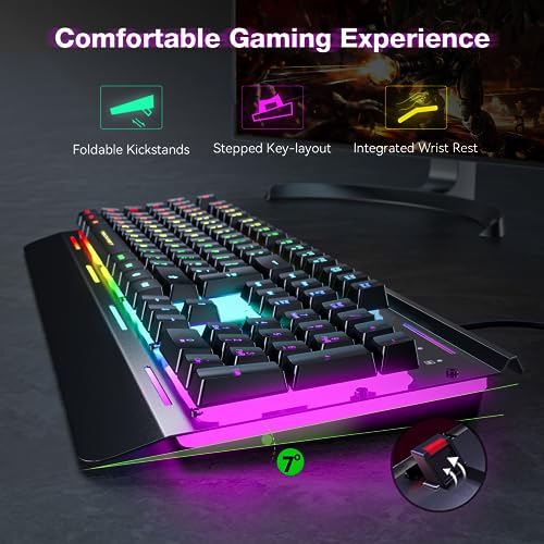 TECKNET RGB Gaming Keyboard, 105 Keys, All-Metal Panel, 15-Zone RGB Illumination, Backlit Quiet Computer Keyboard, Wrist Rest, 25 Anti-ghosting Keys, IP32 Water & Dust Resistant USB Wired Keyboard