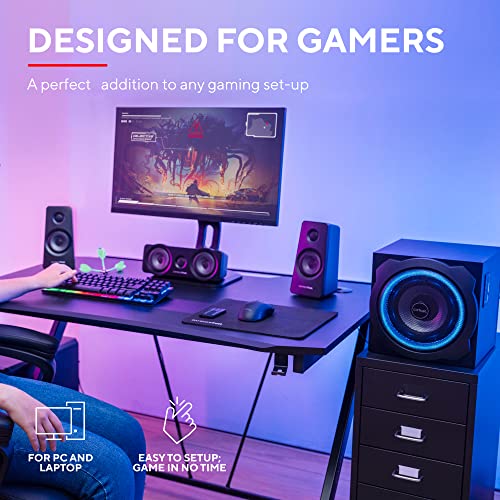 Trust Gaming GXT 658 Tytan 5.1 Surround Sound Speaker System, PC Speakers with Subwoofer, UK Plug, LED Illuminated, 180 W - Black/Blue