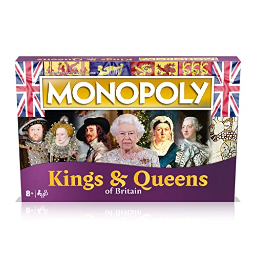 Winning Moves Kings and Queens of Britain Monopoly Board Game, Advance to Alfred the Great, Henry VIII, Victoria and Elizabeth II, expand your empire and trade your way to success, for ages 8 plus