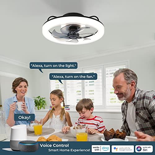 CHANFOK Smart Ceiling Fans with Lights, 20'' Low Profile Ceiling Fan with Remote and App Control, Flush Mount Ceiling Fan with Voice Control, Compatible with Alexa & Google Home (Black)