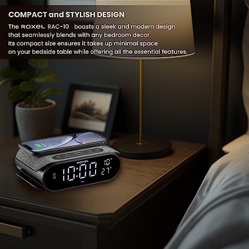 Roxel RAC-10 Bedside Alarm Clock With Super Fast Wireless Charging (5W/10W/15W), For iPhone & Samsung, USB Charger, Mood Lighting Night Lamp function Dimmable LED Display (Black)