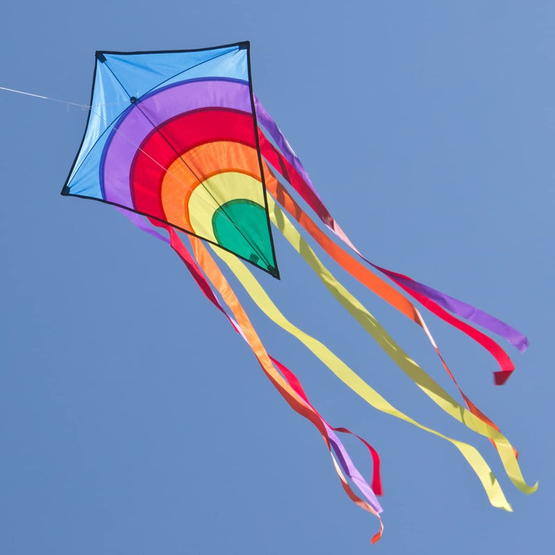 CIM Kite - Rainbow Eddy – single line kite for children from the age of 3 years up - 65x74cm - incl. kite string and 8x105cm striped tails (Blue)