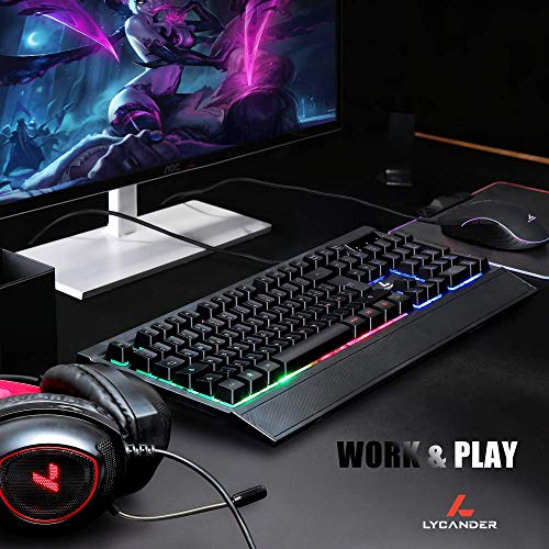 LYCANDER Gaming Keyboard UK, Wired USB Keyboard - 19 anti-ghosting keys, 1.8m cable, rainbow backlight