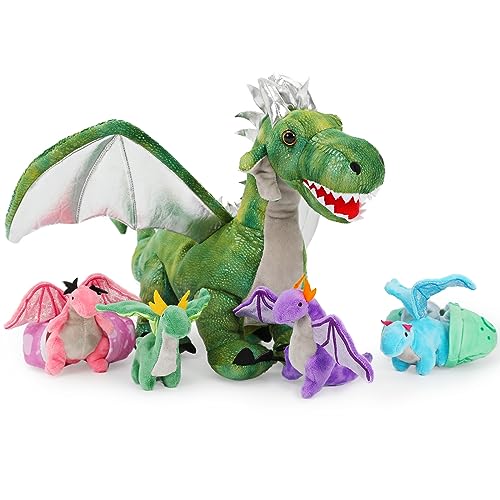 MorisMos Green Dragon Teddy with Babies inside Toy, Lifelike Cuddly Dragons Plush Soft Toys for Boy, Kawaii Dragon Stuffed Animal Gifts for Valentines Birthday Children's Day Party Decorations (55 cm)