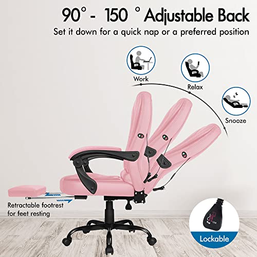 ELFORDSON Pink Office Chair for Home Office, Massage Office Chair with Footrest, Pink Gaming Desk Chair, Comfy PU leather Chair for Adults (Pink)