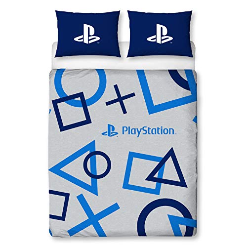 Character World PlayStation Blue Double Duvet Cover Officially Licensed Sony Reversible Two Sided Gaming Bedding Design with Matching Pillowcase, Polycotton, Blue, PYSBLEDD001UK2