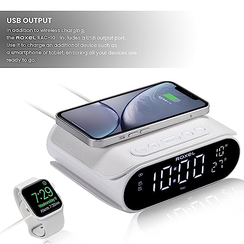 Roxel RAC-10 Bedside Alarm Clock With Super Fast Wireless Charging (5W/10W/15W), For iPhone & Samsung, USB Charger, Mood Lighting Night Lamp function Dimmable LED Display (White)