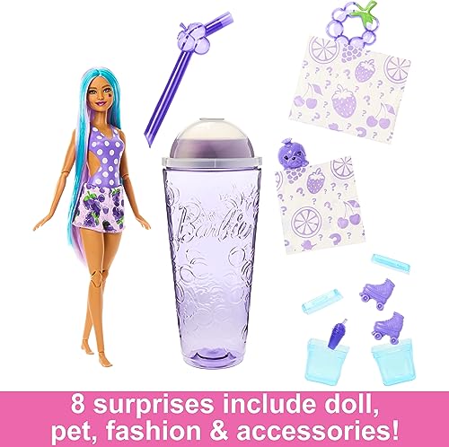 Barbie Pop Reveal Fruit Series Doll, Grape Fizz Theme with 8 Surprises Including Pet & Accessories, Slime, Scent & Color Change, HNW44