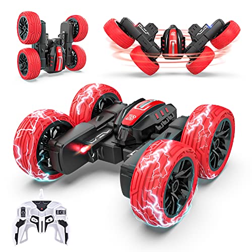 BEZGAR TD202MINI Remote Control Cars - 2.4GHz Double Sided Stunt Car, LED 360° Flip Spinning 4WD RC Car, Indoor & Outdoor Toy Gifts for Boys Kids Girls, Red