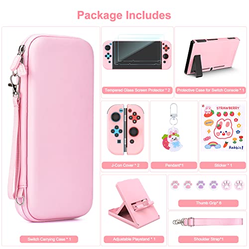 Younik Switch Accessories Bundle, 15 in 1 Pink Switch Accessories Kit for Girls Include Switch Carrying Case with 9 Game Card Slots, Adjustable Stand, Protective Case for Switch Console & J-Con