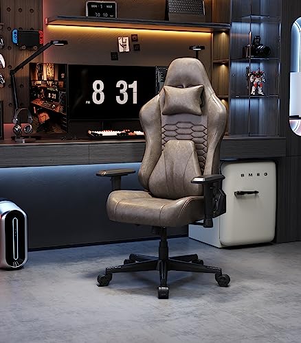 lbvuer Gaming Chair Ergonomic Vintage Leather Office Chair Adjustable Armrest Back Gaming Chair with Headrest and Lumbar Support (Brown)