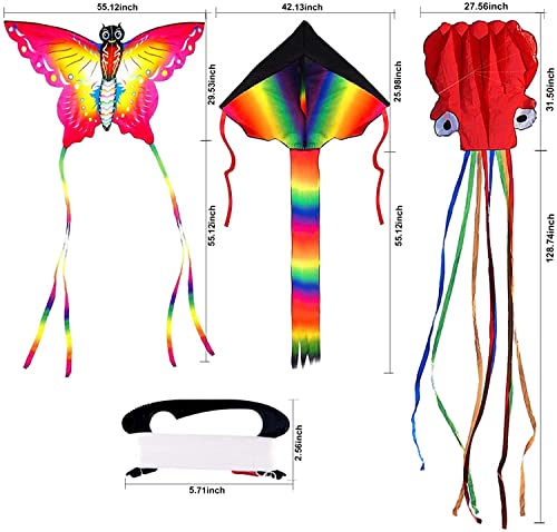 Nazano 3 Pack Kites - kites for children and adults, Large Rainbow Kids Kite Butterfly Kites Red Mollusc Octopus for Outdoor Game Activities, Beach Games Great Gift to Boys Girls Age 3 4 5 6 and Up