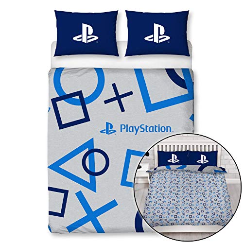 Character World PlayStation Blue Double Duvet Cover Officially Licensed Sony Reversible Two Sided Gaming Bedding Design with Matching Pillowcase, Polycotton, Blue, PYSBLEDD001UK2