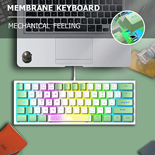 LexonElec K61 Pro - UK Layout Gaming Keyboard 60 percent Mini RGB Illuminated LED Light up - White and Green Mixed key colour caps colorful - USB Mechanical Feel Aesthetic for PC Laptop MAC ps4