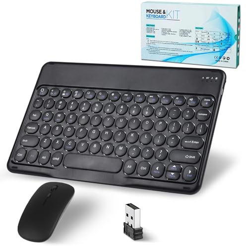 Bluetooth Keyboard, Wireless Keyboard and Mouse 2.4 USB Rechargeable Lightweight 10IN Universal Quiet Portable Mini Keyboard and Mouse Set for iPad,iOS,Mac,Windows,Android Tablet Laptop Upgrade-Black