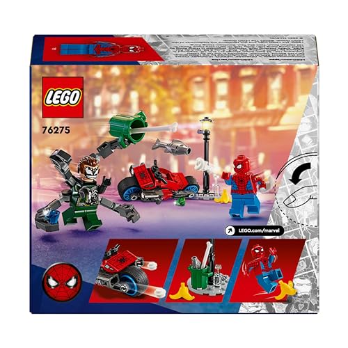 LEGO Marvel Motorcycle Chase: Spider-Man vs. Doc Ock, Motorbike Building Toy for Kids, Boys and Girls aged 6 Plus with Stud Blasters, Web Shooters & 2 Minifugres Incl. Spidey, Super Hero Gifts 76275